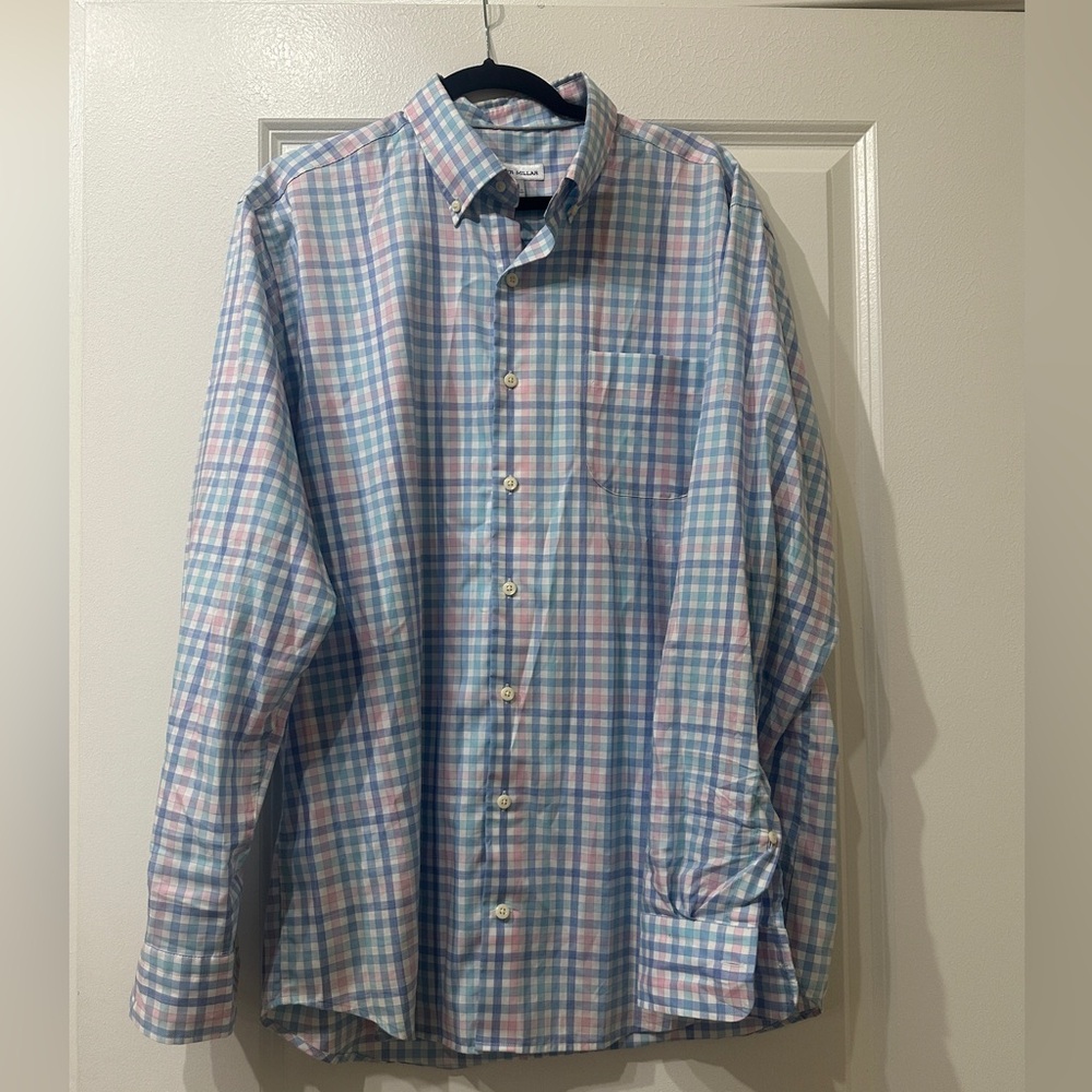 Peter Millar Men’s Pastel Checkered Cotton Stretch Sport Shirt Large